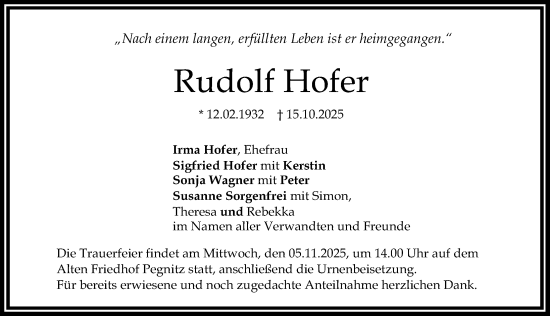 Traueranzeige von Rudolf Hofer von Nordbayerische Nachrichten Pegnitz Lokal