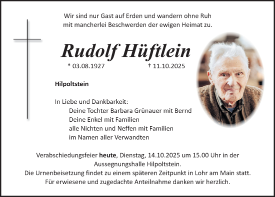 Traueranzeige von Rudolf Hüftlein von Roth-Hilpoltsteiner Volkszeitung Lokal