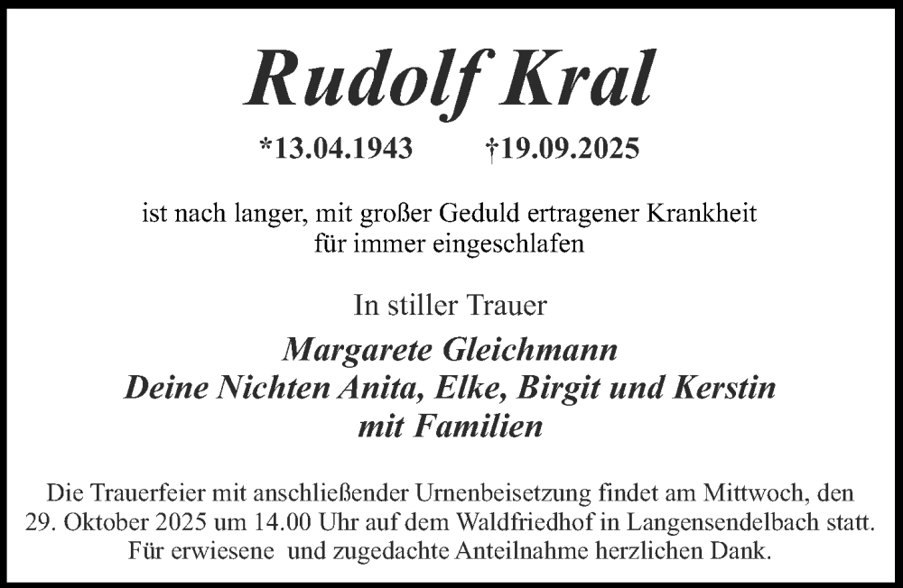  Traueranzeige für Rudolf Kral vom 25.10.2025 aus Gesamtausgabe Nürnberger Nachrichten/ Nürnberger Ztg.