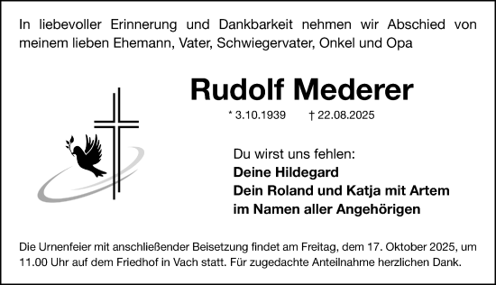 Traueranzeige von Rudolf Mederer von Fürther Nachrichten Lokal