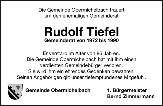 Traueranzeige von Rudolf Tiefel von Fürther Nachrichten Lokal