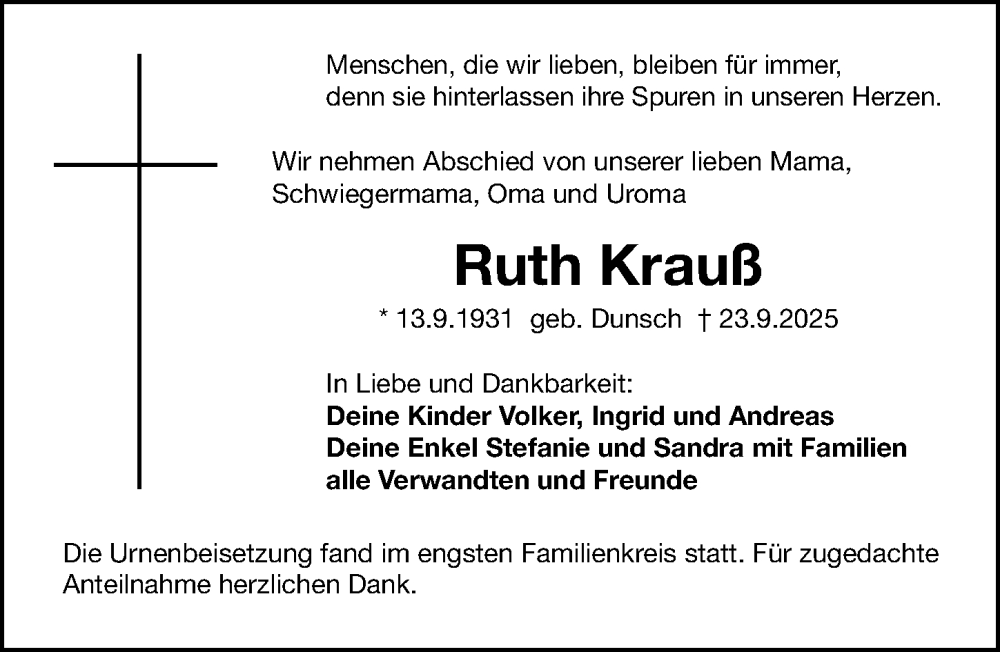  Traueranzeige für Ruth Krauß vom 25.10.2025 aus Gesamtausgabe Nürnberger Nachrichten/ Nürnberger Ztg.