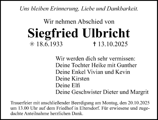Traueranzeige von Siegfried Ulbricht von Erlanger Nachrichten/ Gesamtausgabe Nürnberger Nachrichten/ Nürnberger Ztg.