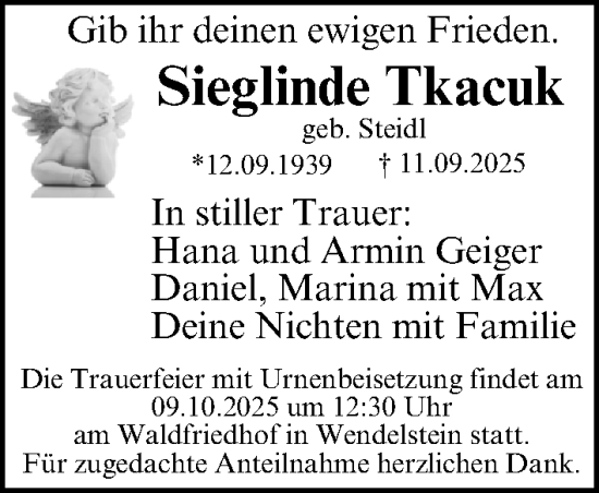 Traueranzeige von Sieglinde Tkacuk von Gesamtausgabe Nürnberger Nachrichten/ Nürnberger Ztg.