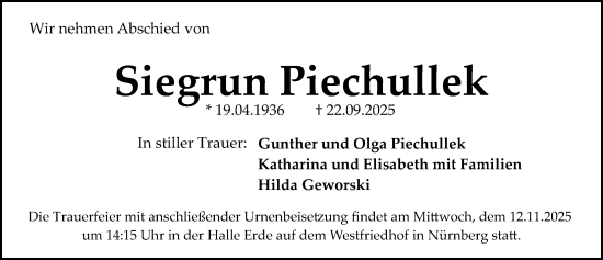 Traueranzeige von Siegrun Piechullek von Gesamtausgabe Nürnberger Nachrichten/ Nürnberger Ztg.