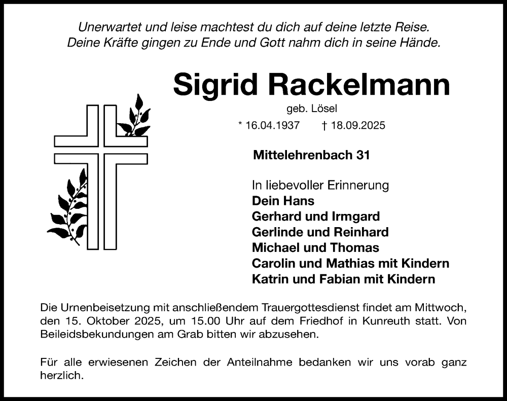  Traueranzeige für Sigrid Rackelmann vom 11.10.2025 aus Nordbayerische Nachrichten Forchheim Lokal