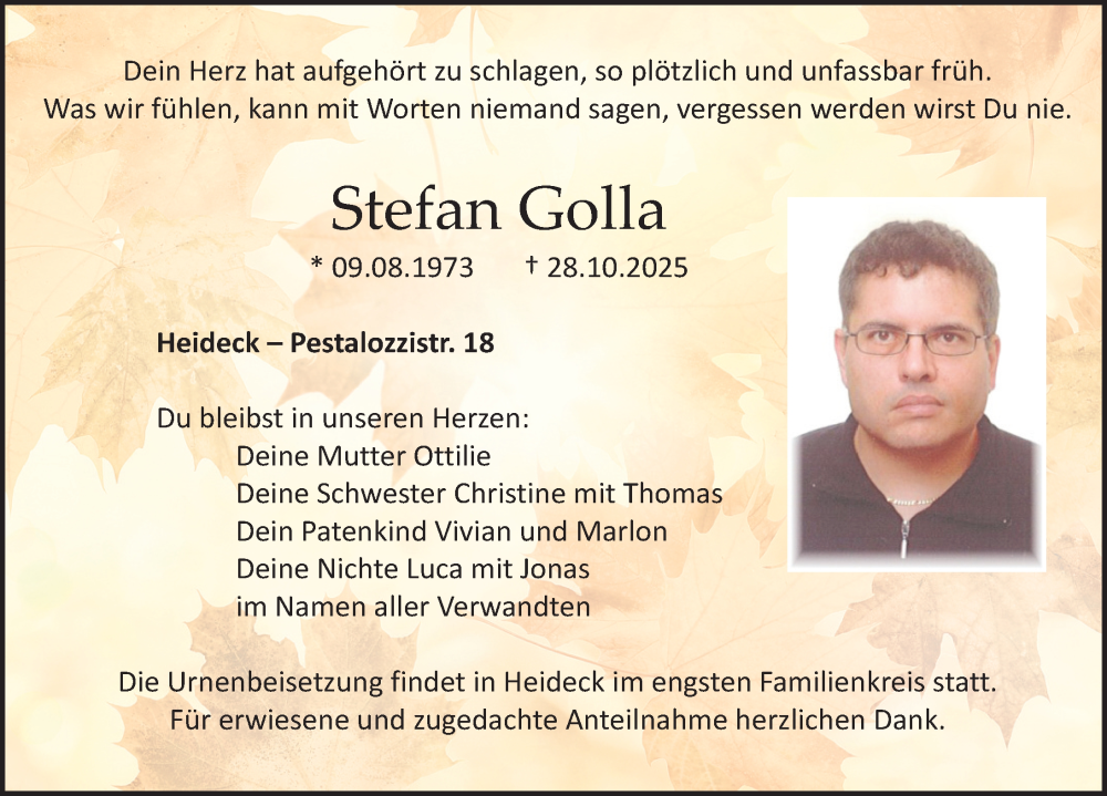  Traueranzeige für Stefan Golla vom 31.10.2025 aus Roth-Hilpoltsteiner Volkszeitung Lokal
