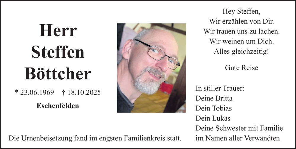  Traueranzeige für Steffen Böttcher vom 25.10.2025 aus Erlanger Nachrichten Lokal