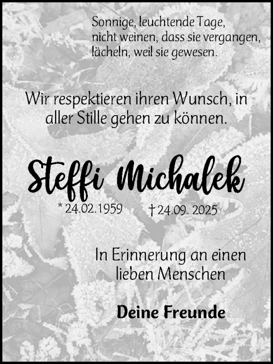 Traueranzeige von Steffi Michalek von Roth-Hilpoltsteiner Volkszeitung Lokal