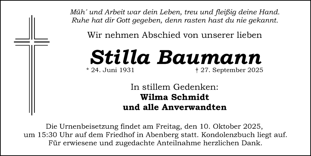  Traueranzeige für Stilla Baumann vom 08.10.2025 aus Schwabacher Tagblatt Lokal