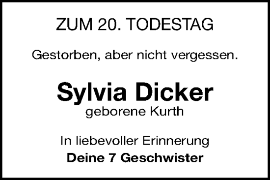 Traueranzeige von Sylvia Dicker von Erlanger Nachrichten Lokal