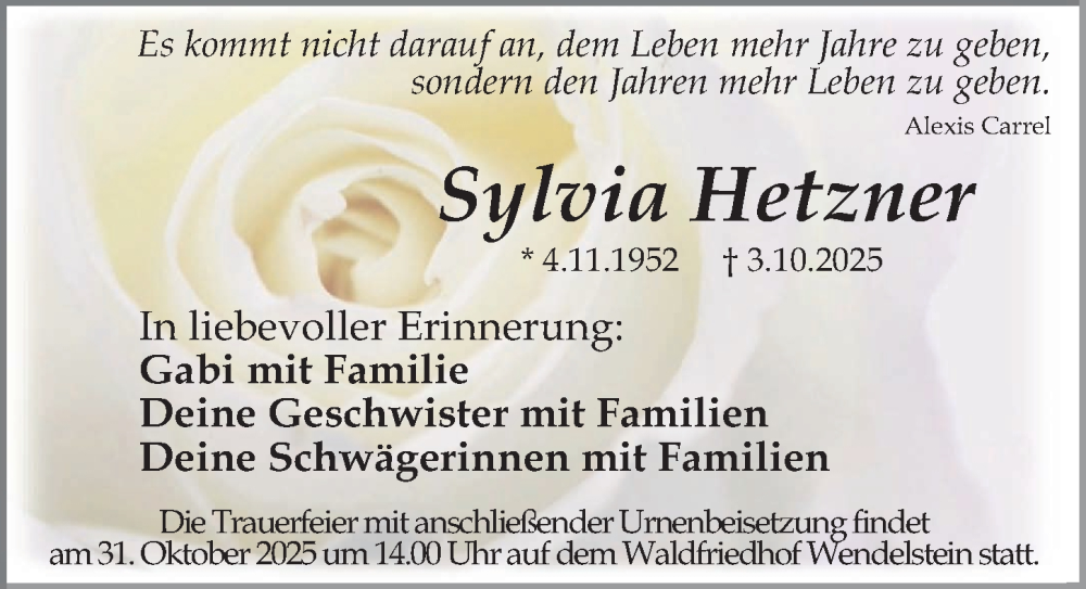  Traueranzeige für Sylvia Hetzner vom 25.10.2025 aus Gesamtausgabe Nürnberger Nachrichten/ Nürnberger Ztg.