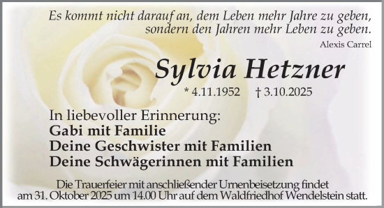 Traueranzeige von Sylvia Hetzner von Gesamtausgabe Nürnberger Nachrichten/ Nürnberger Ztg.