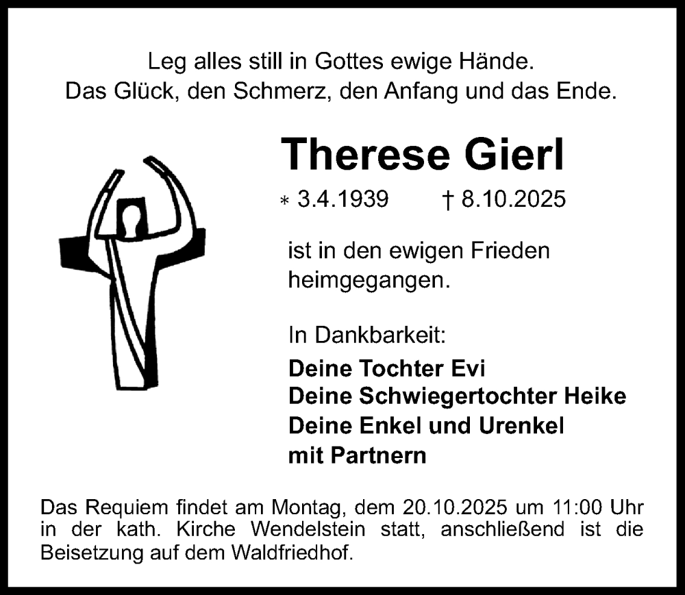  Traueranzeige für Therese Gierl vom 11.10.2025 aus Schwabacher Tagblatt Lokal