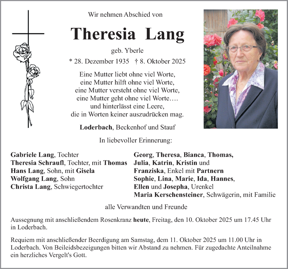  Traueranzeige für Theresia Lang vom 10.10.2025 aus Neumarkter Nachrichten Lokal