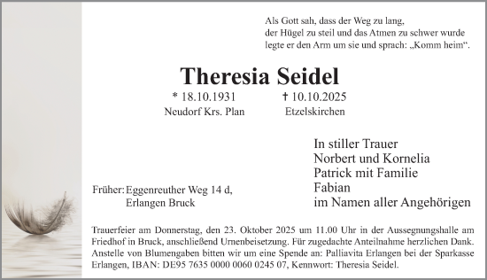 Traueranzeige von Theresia Seidel von Erlanger Nachrichten Lokal