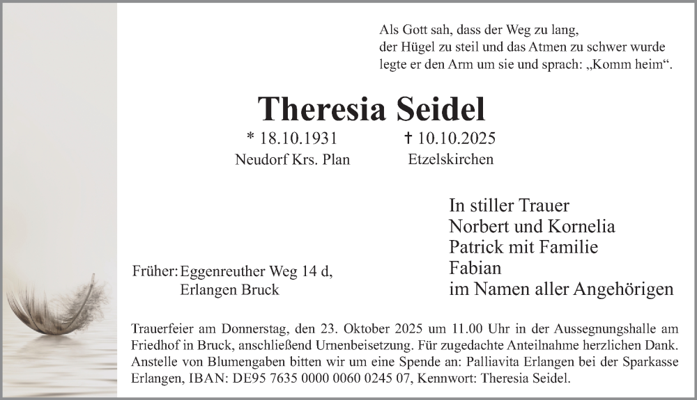  Traueranzeige für Theresia Seidel vom 18.10.2025 aus Erlanger Nachrichten Lokal