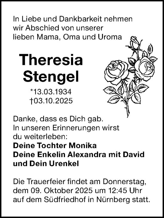 Traueranzeige von Theresia Stengel von Gesamtausgabe Nürnberger Nachrichten/ Nürnberger Ztg.