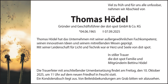 Traueranzeige von Thomas Hödel von Gesamtausgabe Nürnberger Nachrichten/ Nürnberger Ztg.
