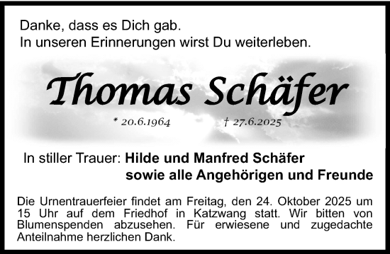 Traueranzeige von Thomas Schäfer von Gesamtausgabe Nürnberger Nachrichten/ Nürnberger Ztg.