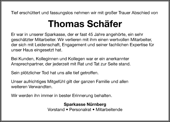 Traueranzeige von Thomas Schäfer von Gesamtausgabe Nürnberger Nachrichten/ Nürnberger Ztg.
