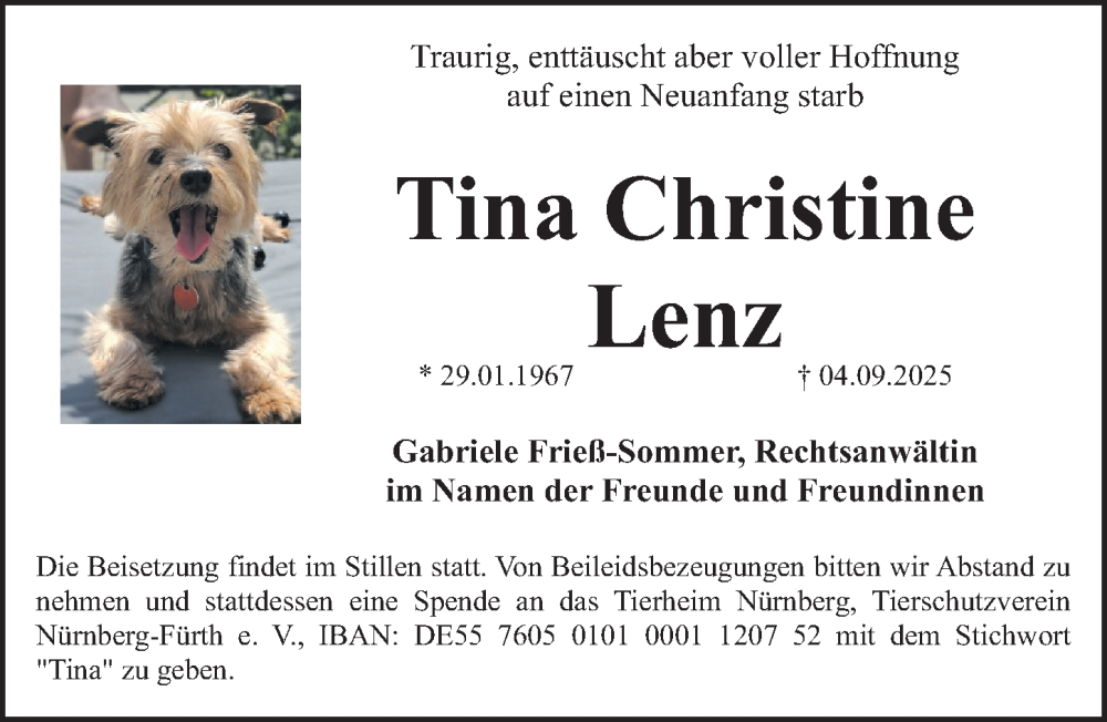  Traueranzeige für Tina Christine Lenz vom 11.10.2025 aus Gesamtausgabe Nürnberger Nachrichten/ Nürnberger Ztg.