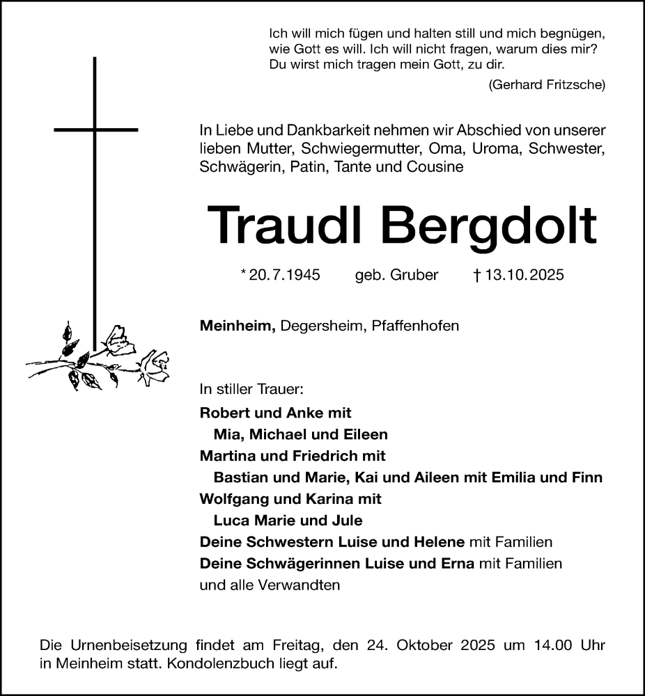  Traueranzeige für Traudl Bergdolt vom 23.10.2025 aus Altmühl-Bote Lokal