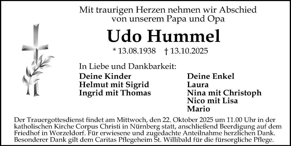  Traueranzeige für Udo Hummel vom 18.10.2025 aus Gesamtausgabe Nürnberger Nachrichten/ Nürnberger Ztg.