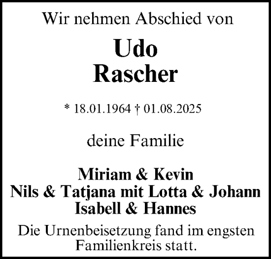 Traueranzeige von Udo Rascher von Gesamtausgabe Nürnberger Nachrichten/ Nürnberger Ztg.