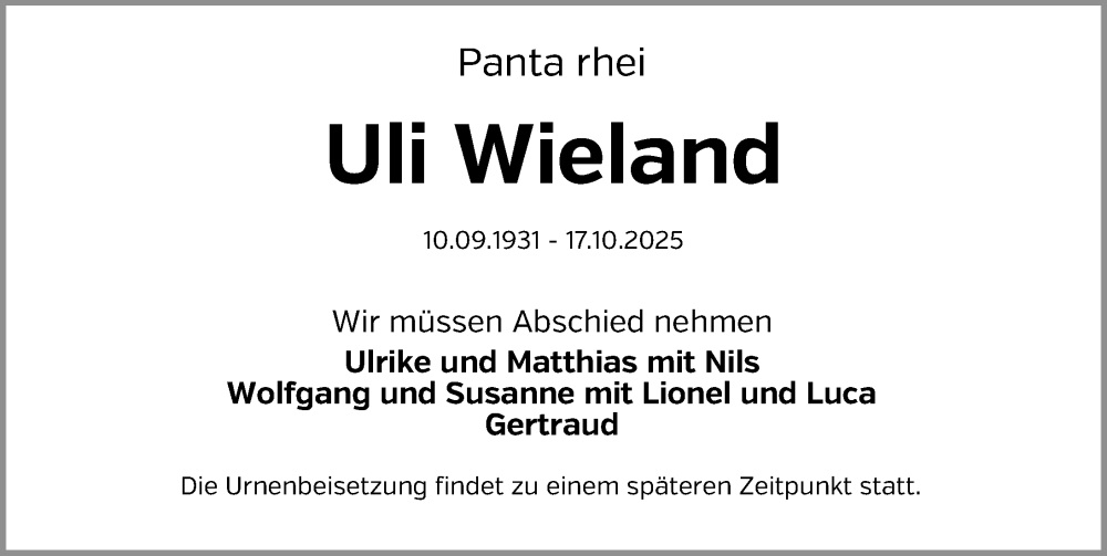  Traueranzeige für Uli Wieland vom 25.10.2025 aus Gesamtausgabe Nürnberger Nachrichten/ Nürnberger Ztg./ Erlanger Nachrichten