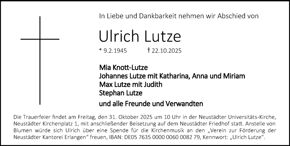  Traueranzeige für Ulrich Lutze vom 25.10.2025 aus Erlanger Nachrichten Lokal