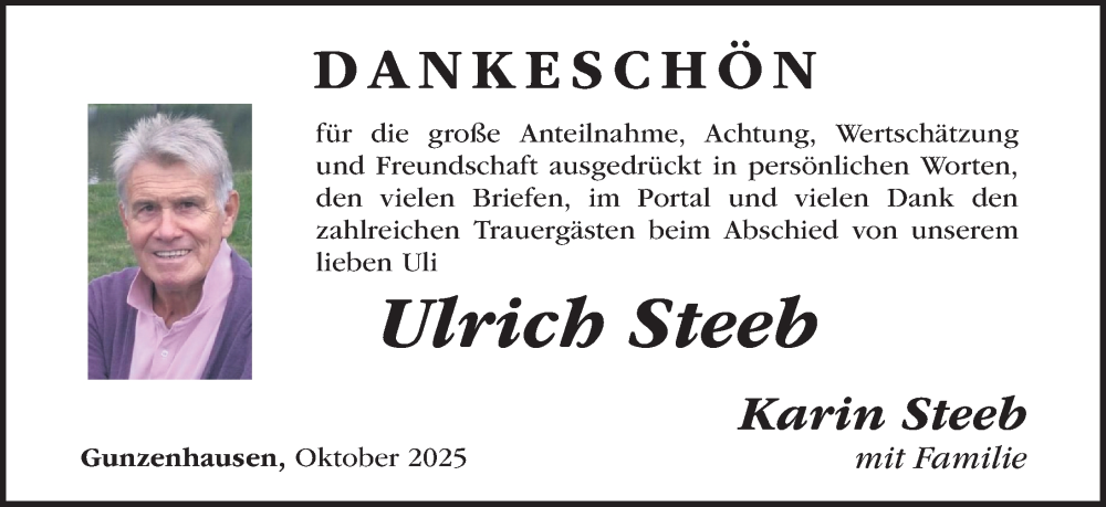  Traueranzeige für Ulrich Steeb vom 09.10.2025 aus Altmühl-Bote Lokal