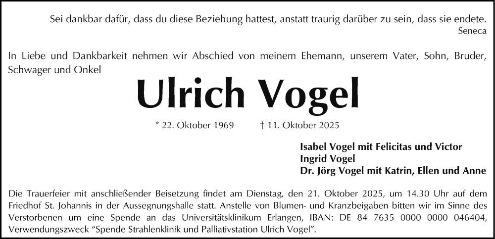  Traueranzeige für Ulrich Vogel vom 18.10.2025 aus Gesamtausgabe Nürnberger Nachrichten/ Nürnberger Ztg.