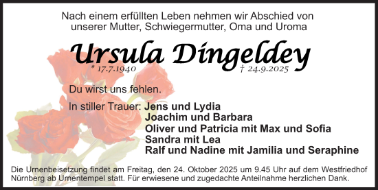 Traueranzeige von Ursula Dingeldey von Gesamtausgabe Nürnberger Nachrichten/ Nürnberger Ztg.