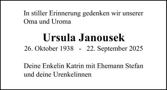 Traueranzeige von Ursula Janousek von Erlanger Nachrichten Lokal