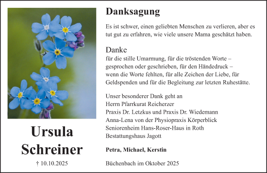 Traueranzeige von Ursula Schreiner von Roth-Hilpoltsteiner Volkszeitung Lokal