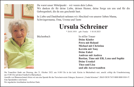 Traueranzeige von Ursula Schreiner von Roth-Hilpoltsteiner Volkszeitung Lokal