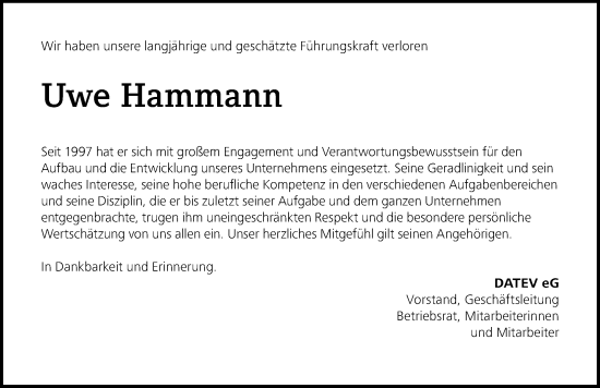 Traueranzeige von Uwe Hammann von Gesamtausgabe Nürnberger Nachrichten/ Nürnberger Ztg.