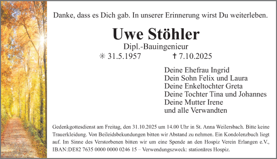 Traueranzeige von Uwe Stöhler von Erlanger Nachrichten Lokal