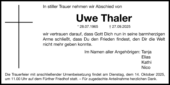 Traueranzeige von Uwe Thaler von Fürther Nachrichten Lokal