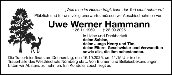 Traueranzeige von Uwe Werner Hammann von Gesamtausgabe Nürnberger Nachrichten/ Nürnberger Ztg.