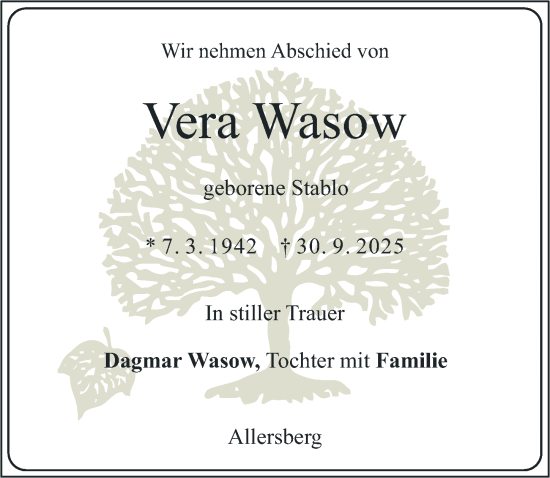 Traueranzeige von Vera Wasow von Roth-Hilpoltsteiner Volkszeitung Lokal