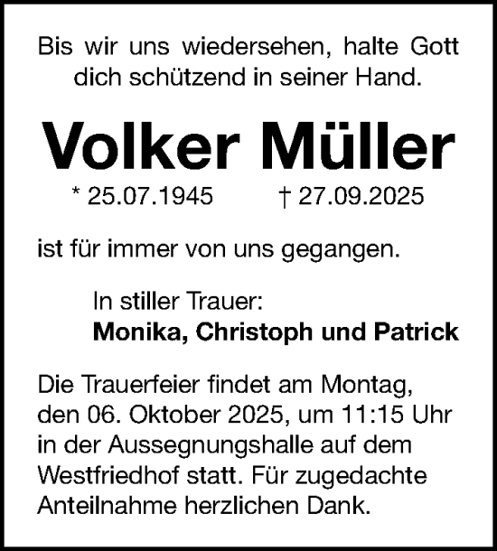 Traueranzeige von Volker Müller von Gesamtausgabe Nürnberger Nachrichten/ Nürnberger Ztg.