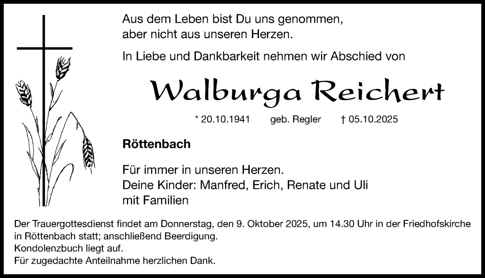  Traueranzeige für Walburga Reichert vom 08.10.2025 aus Roth-Hilpoltsteiner Volkszeitung Lokal