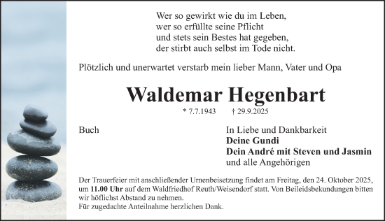 Traueranzeige von Waldemar Hegenbart von Nordbayerische Nachrichten Herzogenaurach Lokal