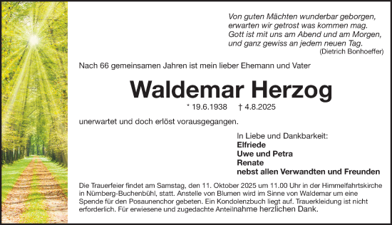 Traueranzeige von Waldemar Herzog von Gesamtausgabe Nürnberger Nachrichten/ Nürnberger Ztg.