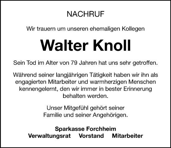 Traueranzeige von Walter Knoll von Nordbayerische Nachrichten Forchheim Lokal