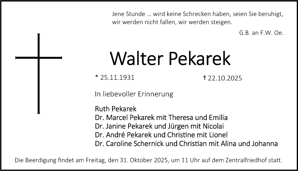  Traueranzeige für Walter Pekarek vom 29.10.2025 aus Erlanger Nachrichten Lokal