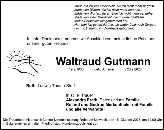 Traueranzeige von Waltraud Gutmann von Roth-Hilpoltsteiner Volkszeitung Lokal