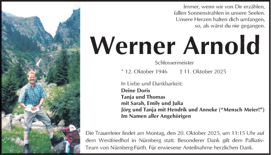 Traueranzeige von Werner Arnold von Gesamtausgabe Nürnberger Nachrichten/ Nürnberger Ztg.